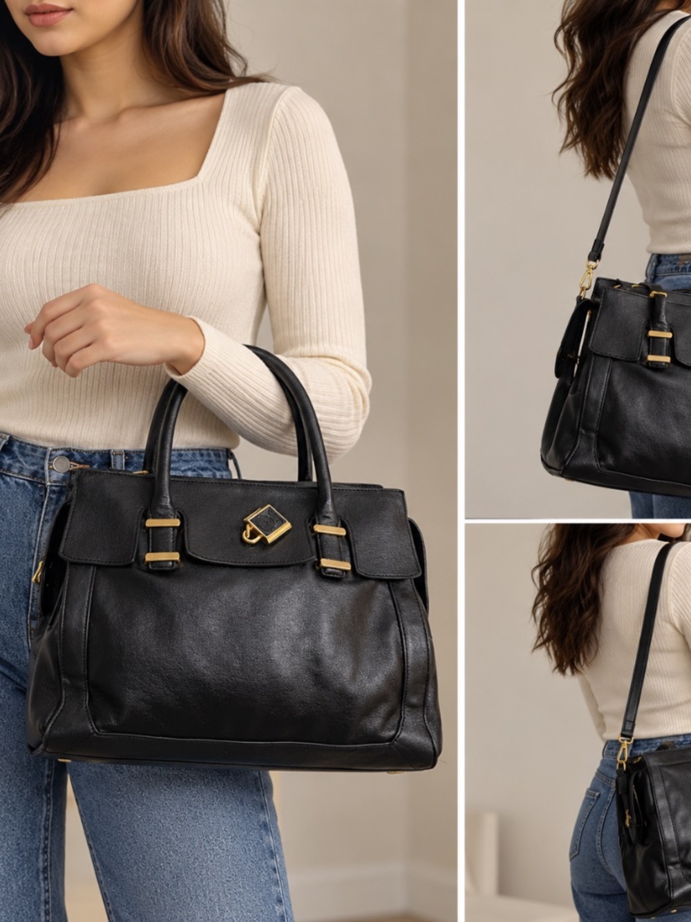 Vince Camuto Heidi Black Genuine Leather Satchel Crossbody Bag